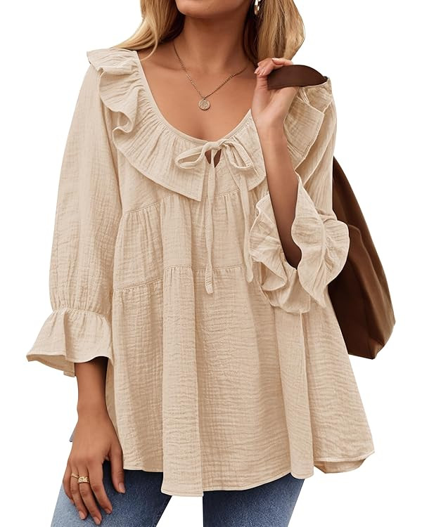 ZESICA Womens Scoop Neck 3/4 Length Sleeve Tops 2025 Casual Tie Front Ruffle Tiered Loose Tunic S... | Amazon (US)