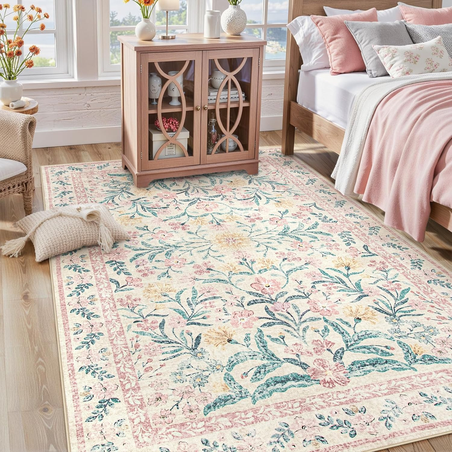 Lahome Sylvie Pink Bedroom Rug for Girls Room Decor, 5x7 Washable Cute Playroom Nursery Rug, Soft Floral Low Pile Carpet for Kids Living Dining Room Indoor, Pink/Multi | Amazon (US)
