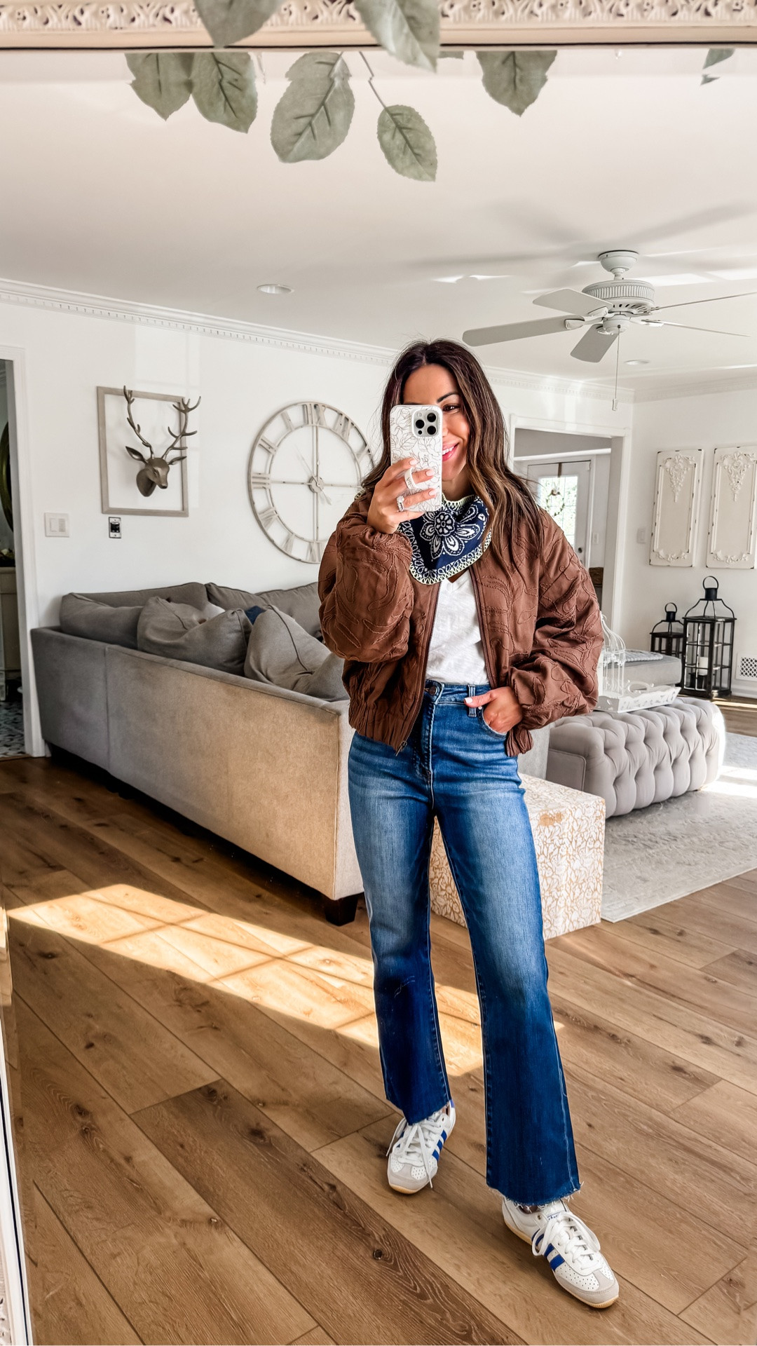 Straight leg jeans, 25. Fall jacket small. White V-neck T-shirt XS. Sneakers size down half.

#LTKOver40 #LTKPetite