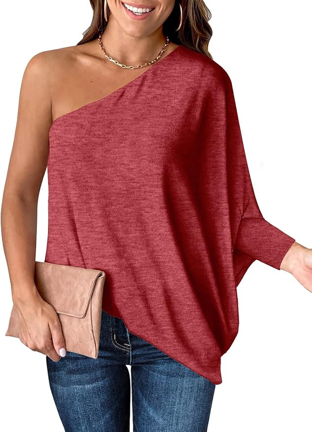 DOROSE Women's Sexy One Shoulder Tops Long Sleeve Casual Loose Blouse Shirt Red at Amazon Women... | Amazon (US)