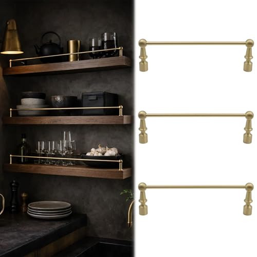 Vibeo Set of 3 Long Brass Railing for Kitchen Shelves, Anti-Fall Cabinet Metal Guardrail Bars, Decorative Shelf Rail Fence Pole Set with 2 Spindles(Style B,8in/20cm) | Amazon (US)