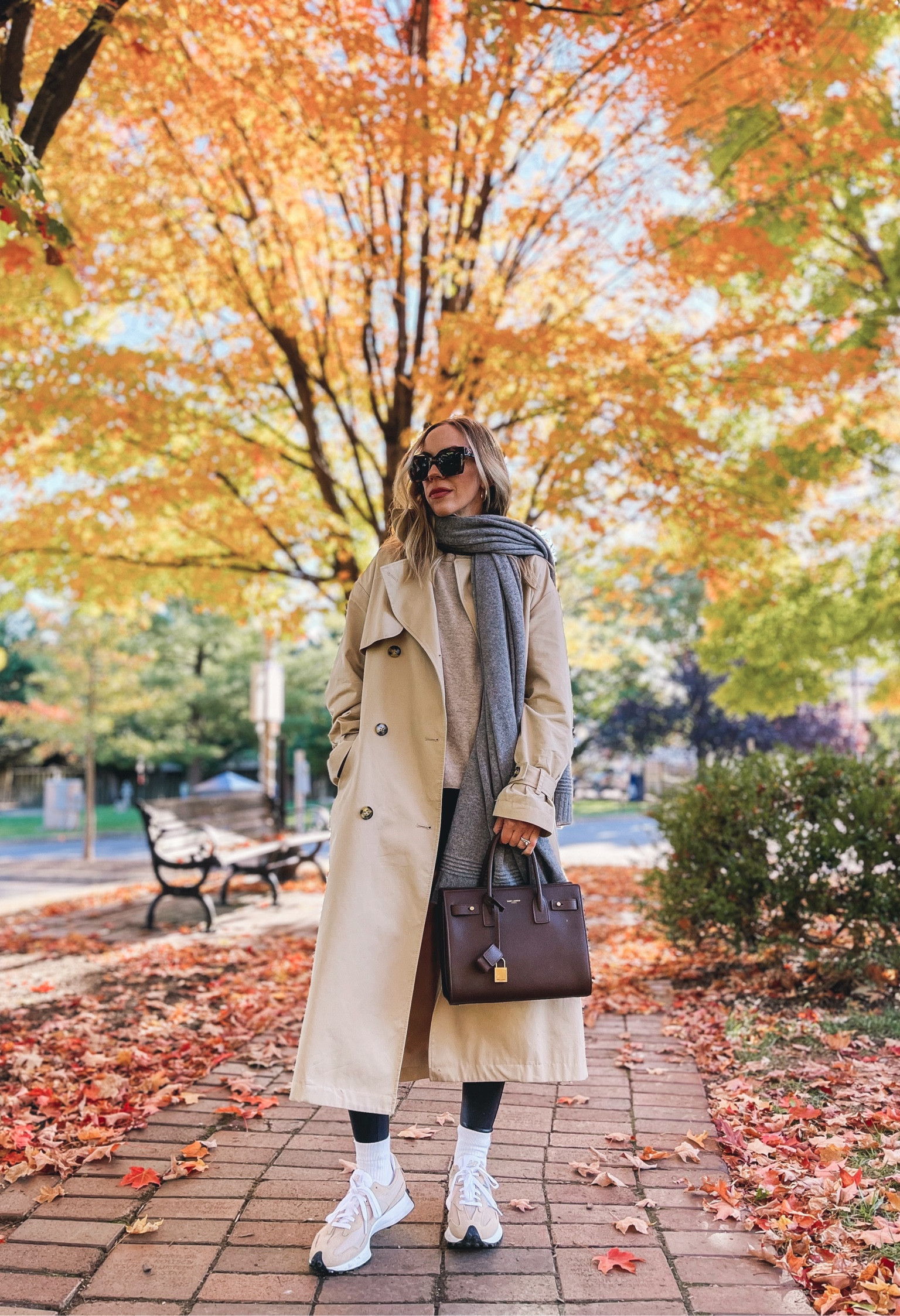 Fall trench coat outfit with oversized cashmere scarf, faux leather leggings, New Balance 327 sneakers, YSL sac de jour 

#LTKSeasonal #LTKShoeCrush #LTKFindsUnder100