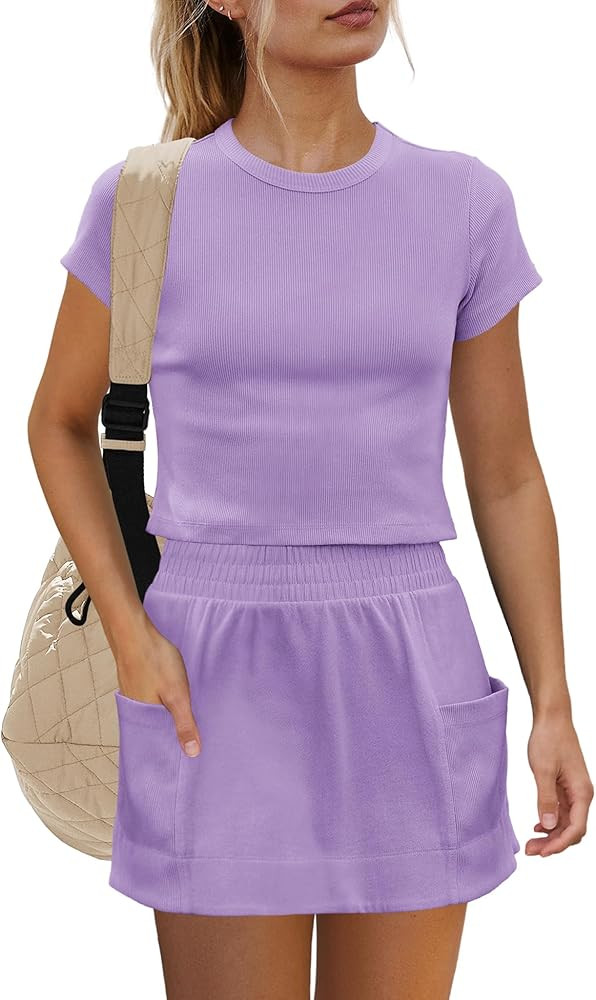 Yanekop Womens 2 Piece Tennis Skirt Sets Outfits Two Piece Matching Lounge Sets Short Sleeve Ribb... | Amazon (US)