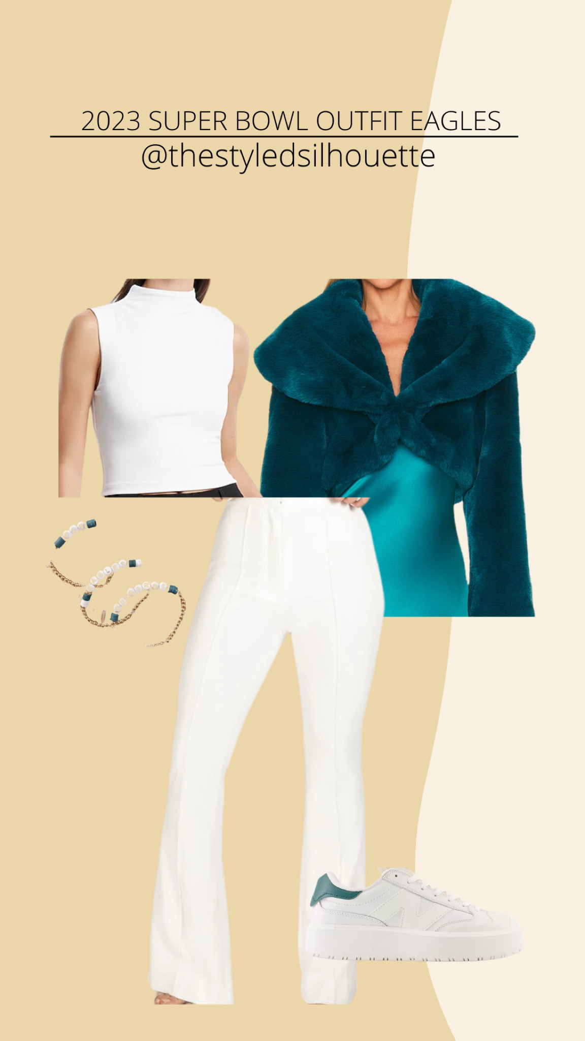2023 Super Bowl outfit// white pants//white mock necks//teal furry coat// eagles, bracelets// 
Eagles outfit

#LTKstyletip #LTKSeasonal #LTKshoecrush