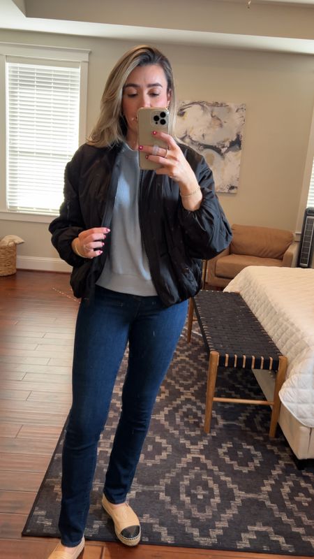 Pullover is super comfy ! Wearing a small, fits tts. 40% off with code 40OFFTOPS. Jacket is lined and lightweight but warm, fits tts. 20% off everything else from Vici with code Janiechicstyle 

My jeans have been my fav since I purchased them in December! Super stretchy and high waisted. Fit tts and I’m wearing the long length. I’m 5’8.

Espadrilles are Chanel but linking a similar affordable style. 