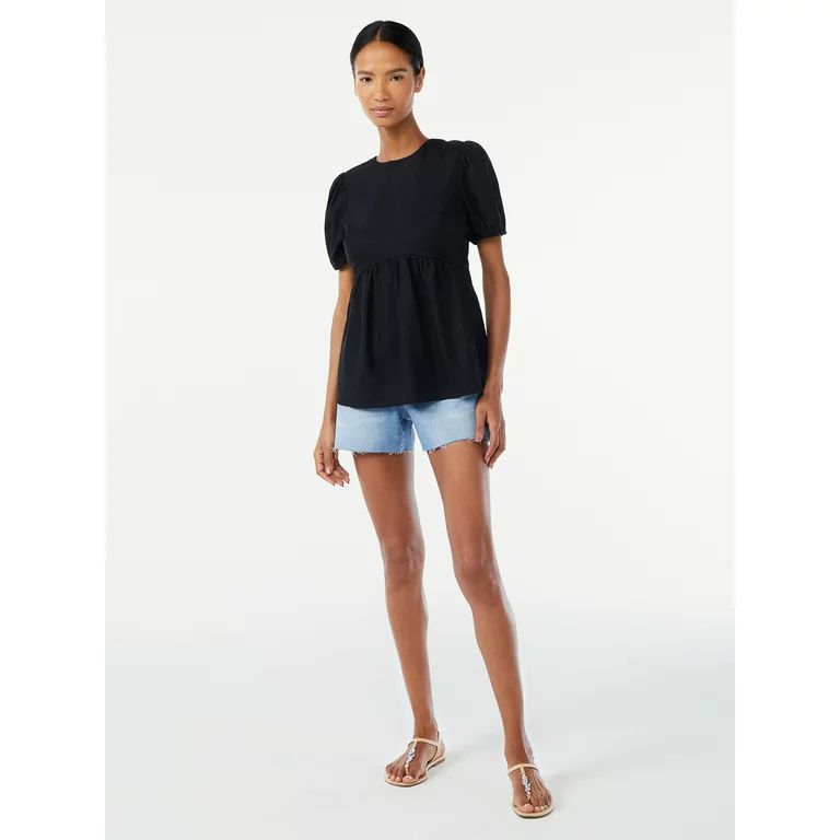 Scoop Women's Linen Blend Peplum Top with Puff Sleeves | Walmart (US)