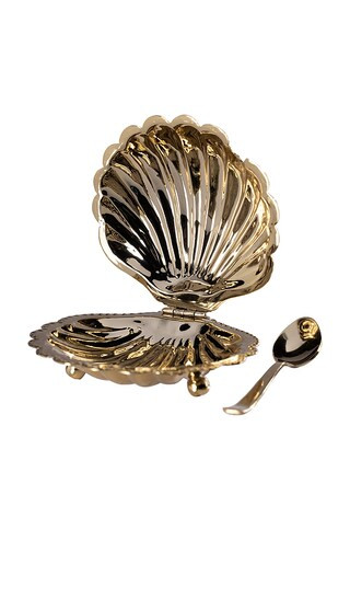 Cap Ferrat Fan Shell Lidded Bowl With Spoon in Polished Gold | Revolve Clothing (Global)