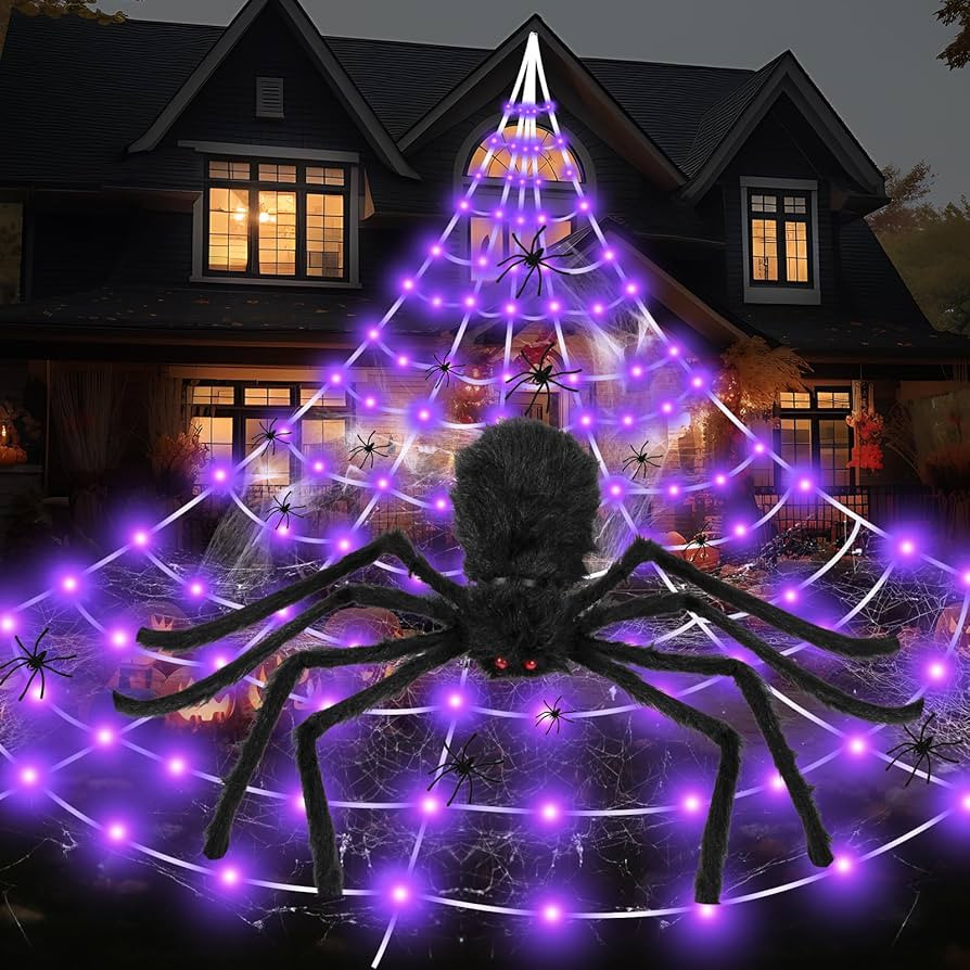Spider Webs Halloween Decorations Outdoor Lights, 250 LED 16.4ft Halloween Spider Web Lights with... | Amazon (US)