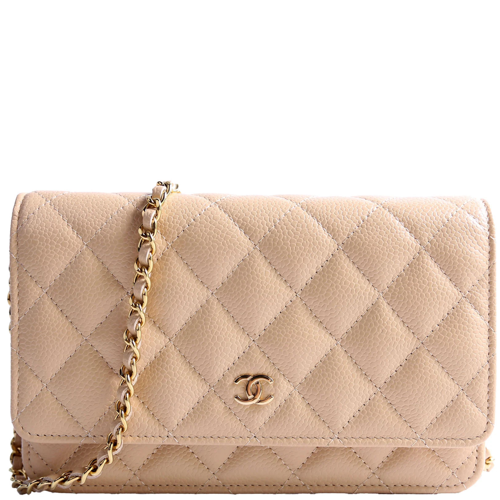Wallet On Chain Classic Quilted Caviar RFID Biege | Keeks Designer Handbags