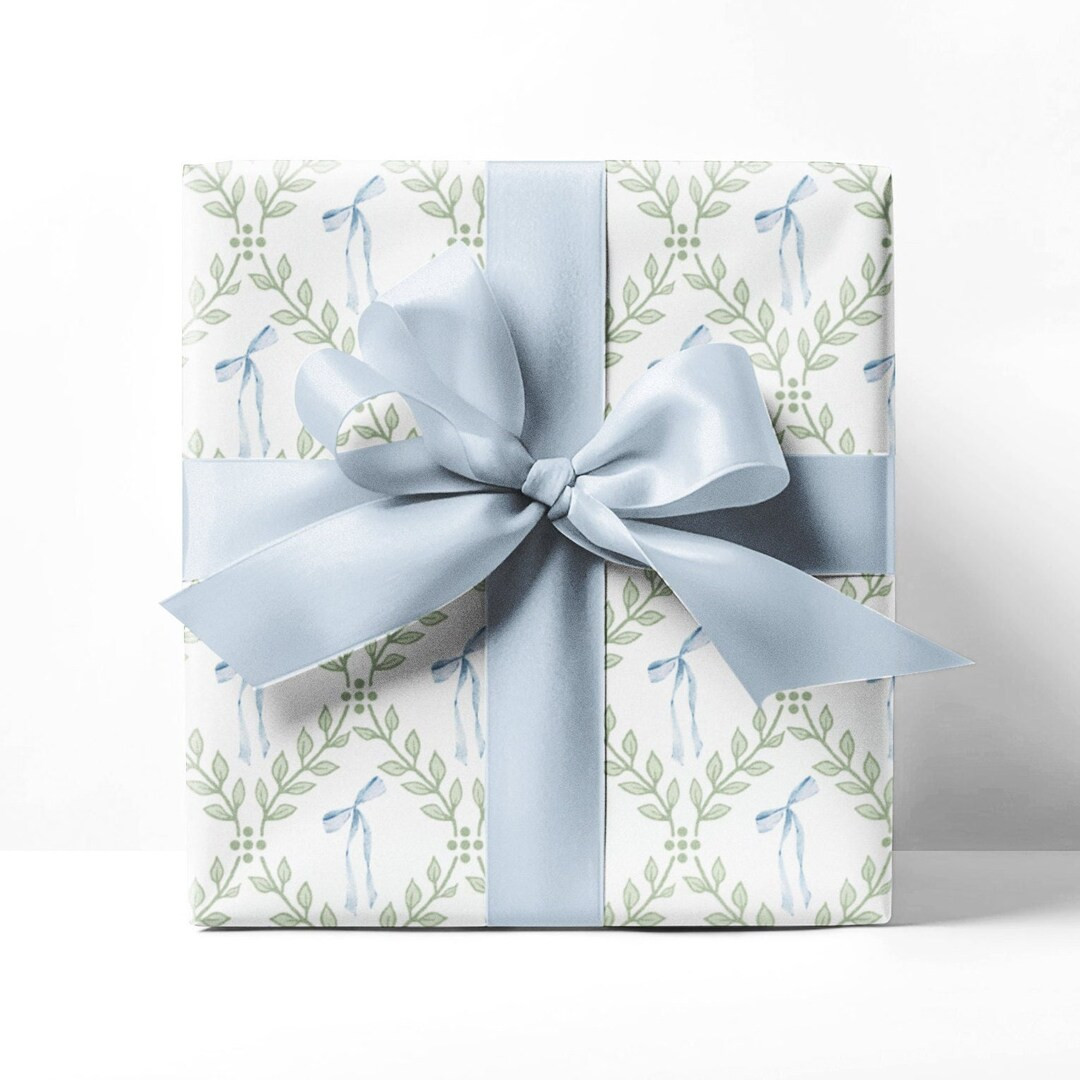 Greenery Lattice Blue Bows Wrapping Paper Girly Preppy Grand - Etsy | Etsy (US)