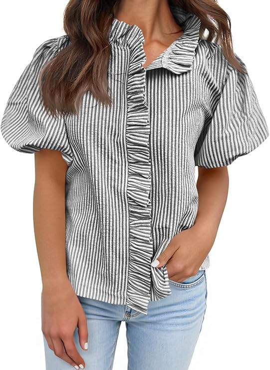 Tankaneo Womens Short Puff Sleeve Button Down Shirts Summer Ruffle Striped Work Tops Stand Collar... | Amazon (US)