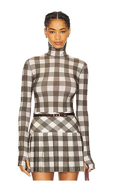 Norma Kamali Slim Fit Long Sleeve Turtleneck Top in Bark Box Plaid from Revolve.com | Revolve Clothing (Global)