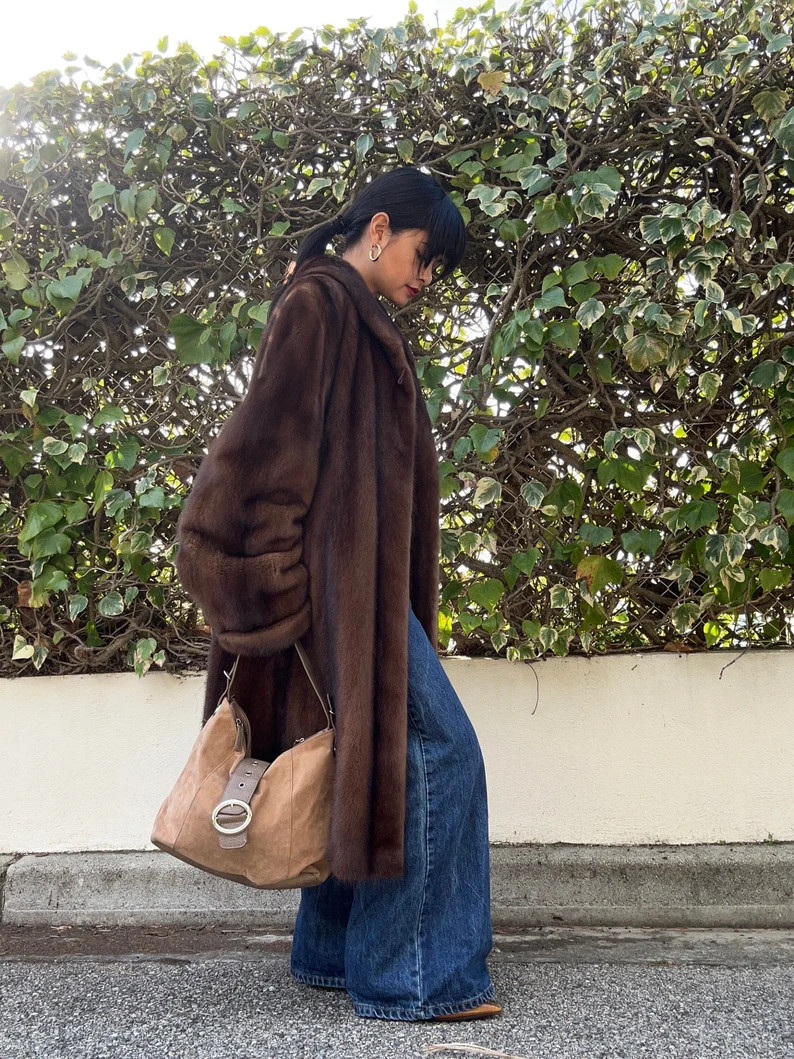 Brown real mink fur long winter coat, Vintage authentic mink fur coat SMALL to MEDIUM | Etsy (US)