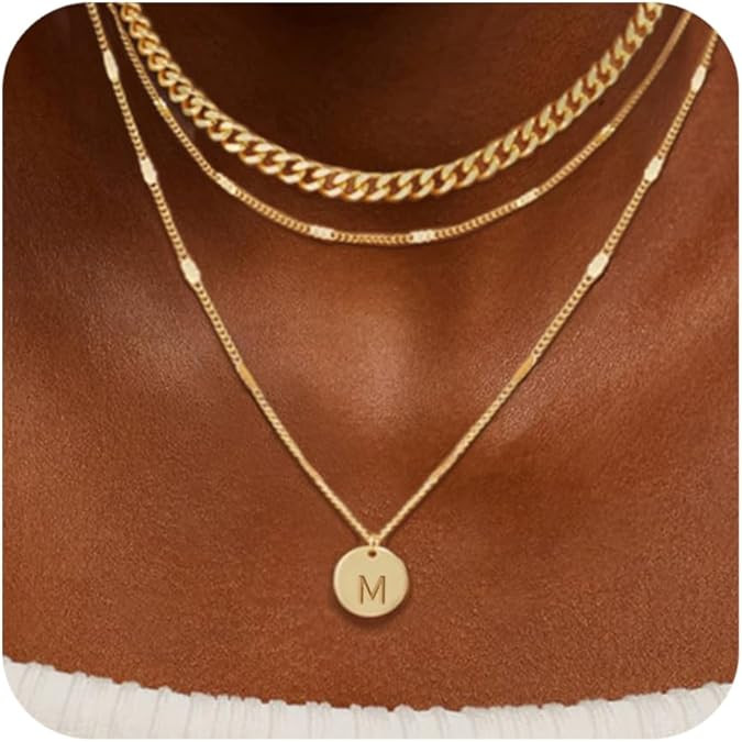 Initial Necklaces for Women Trendy, 14K Gold Plated Letter Necklace Stack Round Coin Disc Pendant... | Amazon (US)