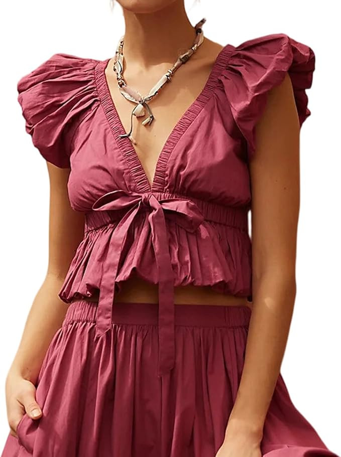 Womens Ruched Boho V Neck Tie Bow Front Vintage Vest Shirts Y2k Slim Fit Ruffle Trim Peplum Puff ... | Amazon (US)