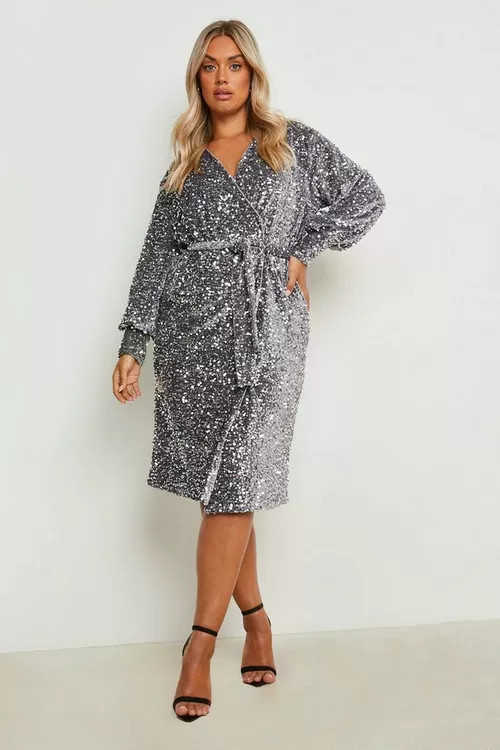 Plus Velvet Sequin Wrap Midi Dress | Boohoo.com (UK & IE)