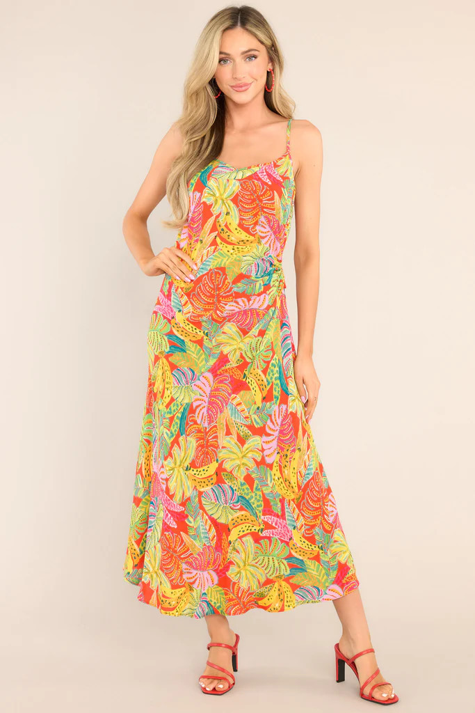 Paradise Found Red Tropical Print Midi Dress | Red Dress