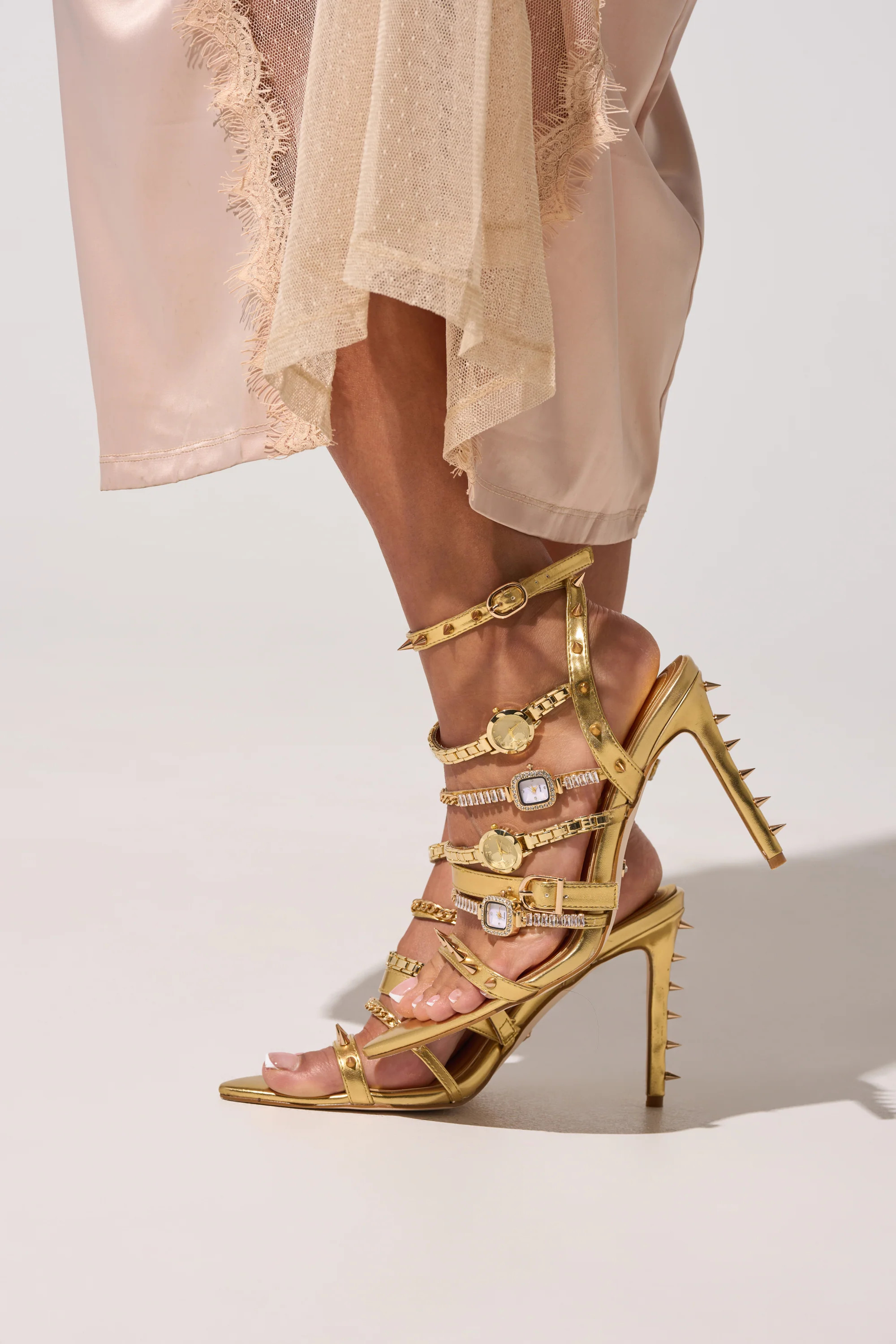 AKIRA GOLD SYDONIC GOLD WATCH STILETTO SANDAL | AKIRA