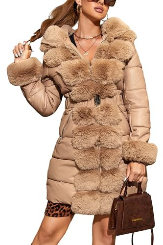 Bellivera Women Faux Leather Winter Trendy puffer jacket water-resistant Thicken Bubble Coat with Fur Hood and Belt 12105 APRICOT XXL | Amazon (US)