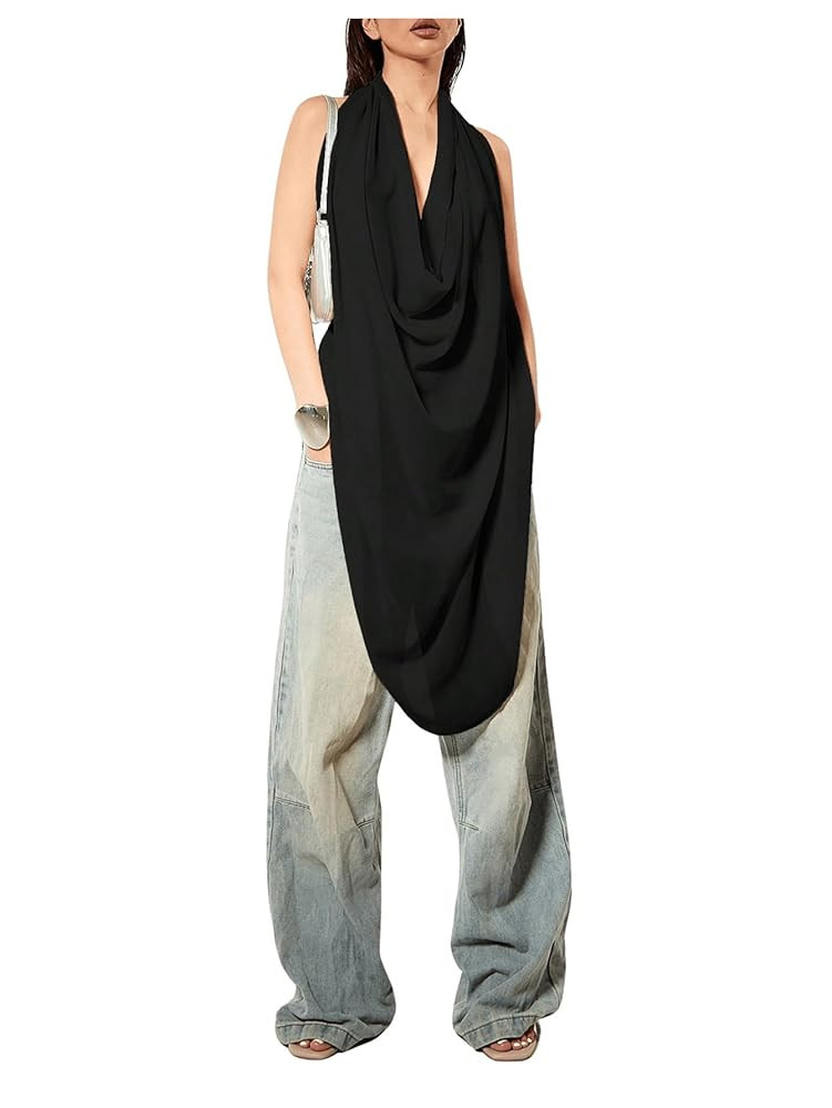 OYOANGLE Women's Backless Cowl Neck Sleeveless Tank Top Draped Front Chiffon Trendy Tops | Amazon (US)