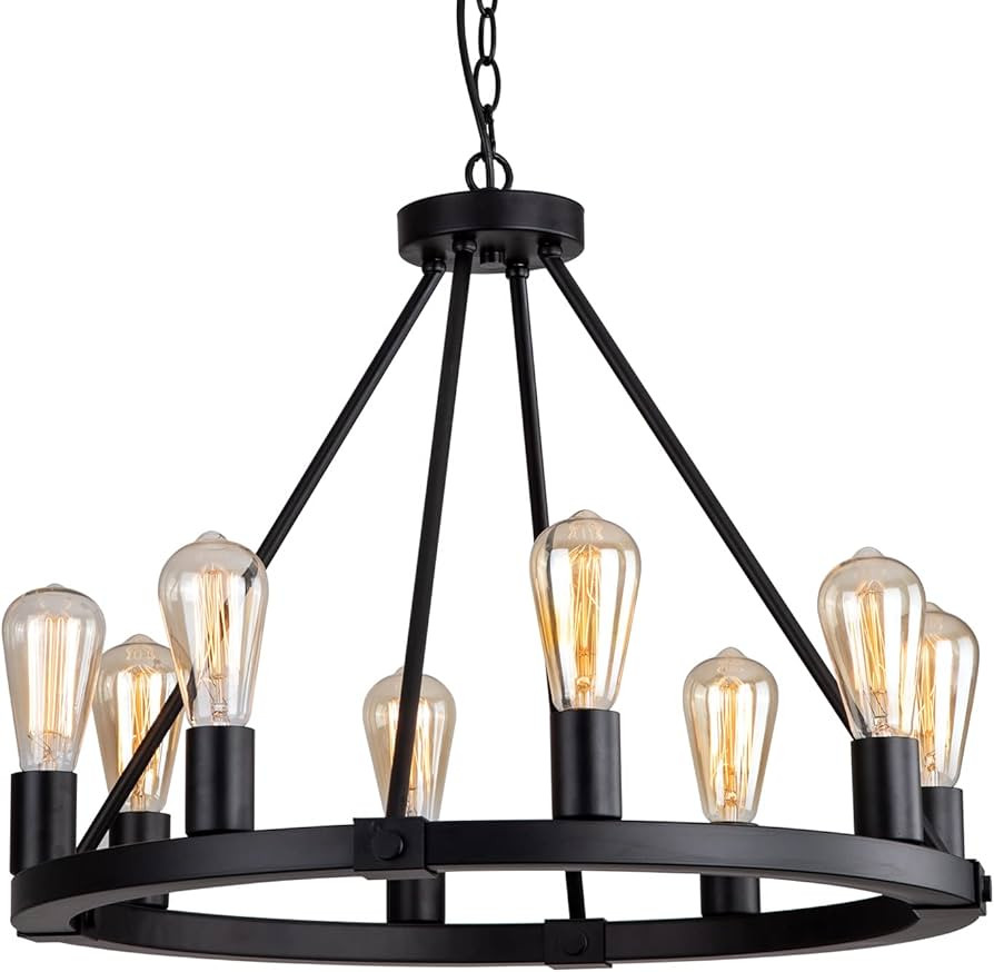 9MMML 23.6" 8 Lights Wagon Wheel Chandelier,Black Metal Round Industrial Vintage Kitchen Island P... | Amazon (US)