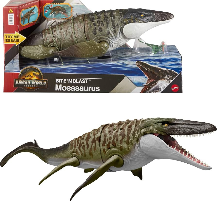 Mattel Jurassic World Rebirth Bite N Blast Mosasaurus Action Figure & Mini Dilophosaurus, Wide Ja... | Amazon (US)