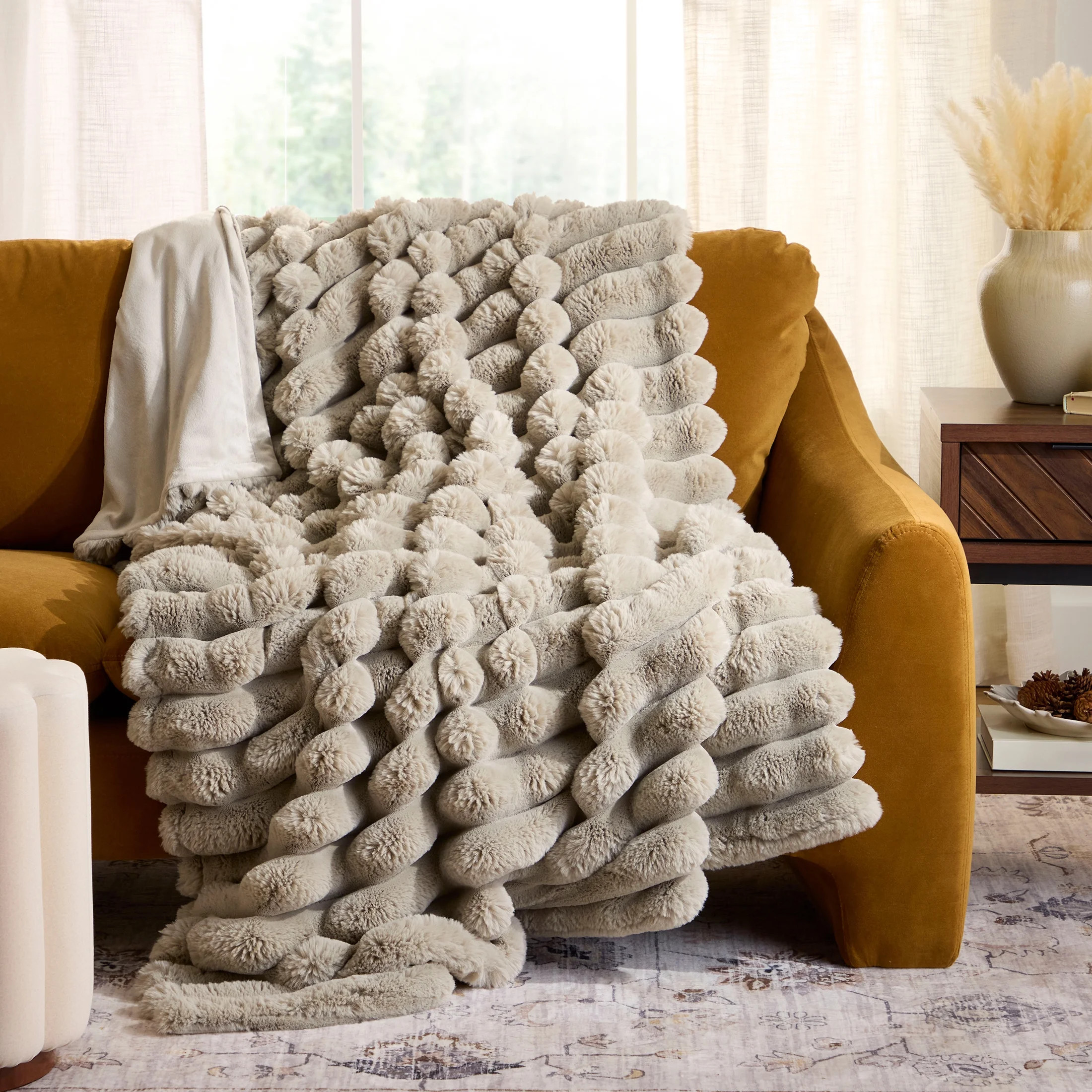Better Homes & Gardens Grey Haze Exaggerated Channel Faux Fur Oversized Throw, 50" x 72" | Walmart (US)