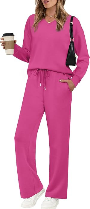 WIHOLL Lounge Sets for Women 2026 V Neck 2 Piece Outfits Airport Wide Leg Pants Matching Set Swea... | Amazon (US)