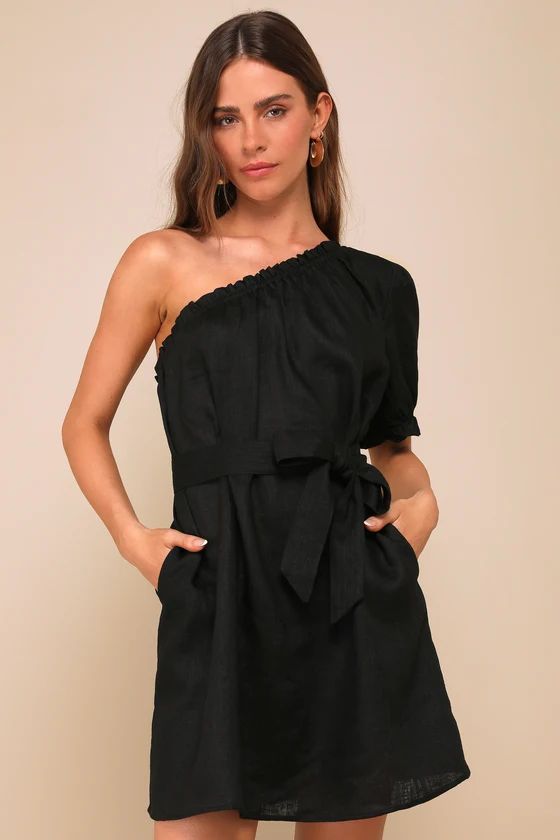 Truly Cute Black Linen One-Shoulder Mini Dress With Pockets | Lulus