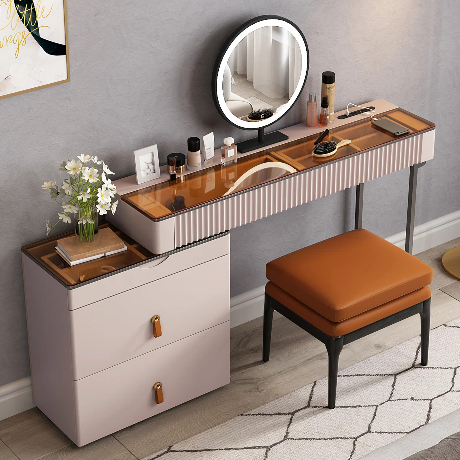 Maurece High-quality Makeup Vanity set,Power Outlet, Glass Top,Very easy to assemble | Wayfair North America