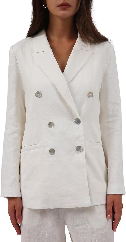 Amazhiyu Womens Pure Linen Double-Breasted Notched Long Sleeve Blazer with Pockets | Amazon (US)