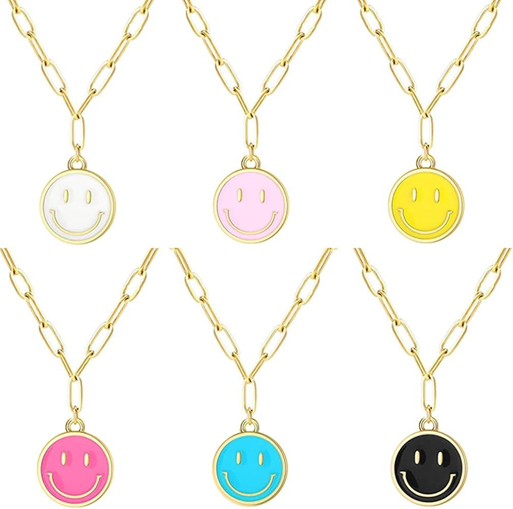 6 PCS Smiley Face Necklaces for Women - Happy Face Charms Choker for Women, Y Necklaces for Women... | Amazon (US)