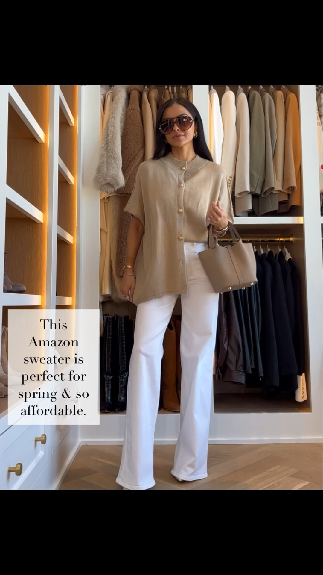 An Amazon sweater that is perfect for spring and so affordable. The lightweight knit and relaxed silhouette make it easy to wear now and into warmer days. I love the elevated button detail and how effortlessly it pairs with white denim for a clean, neutral look. Such a great option for work, casual lunches, or everyday errands when you want to feel put together.

Amazon Sweater – Wearing an XS 
FRAME Le Slim Palazzo Pants - Wearing a 24, runs TTS

MiaMiaMine Amazon sweater spring outfit neutral spring style affordable fashion find short sleeve knit top white jeans outfit chic everyday look elevated casual style women capsule wardrobe staple work to weekend outfit classic neutral outfit

#LTKPetite #LTKWorkwear #LTKOver40