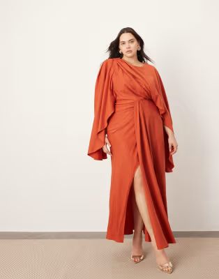 ASOS EDITION Curve volume flare sleeve grecian cut out maxi dress in rust | ASOS (Global)