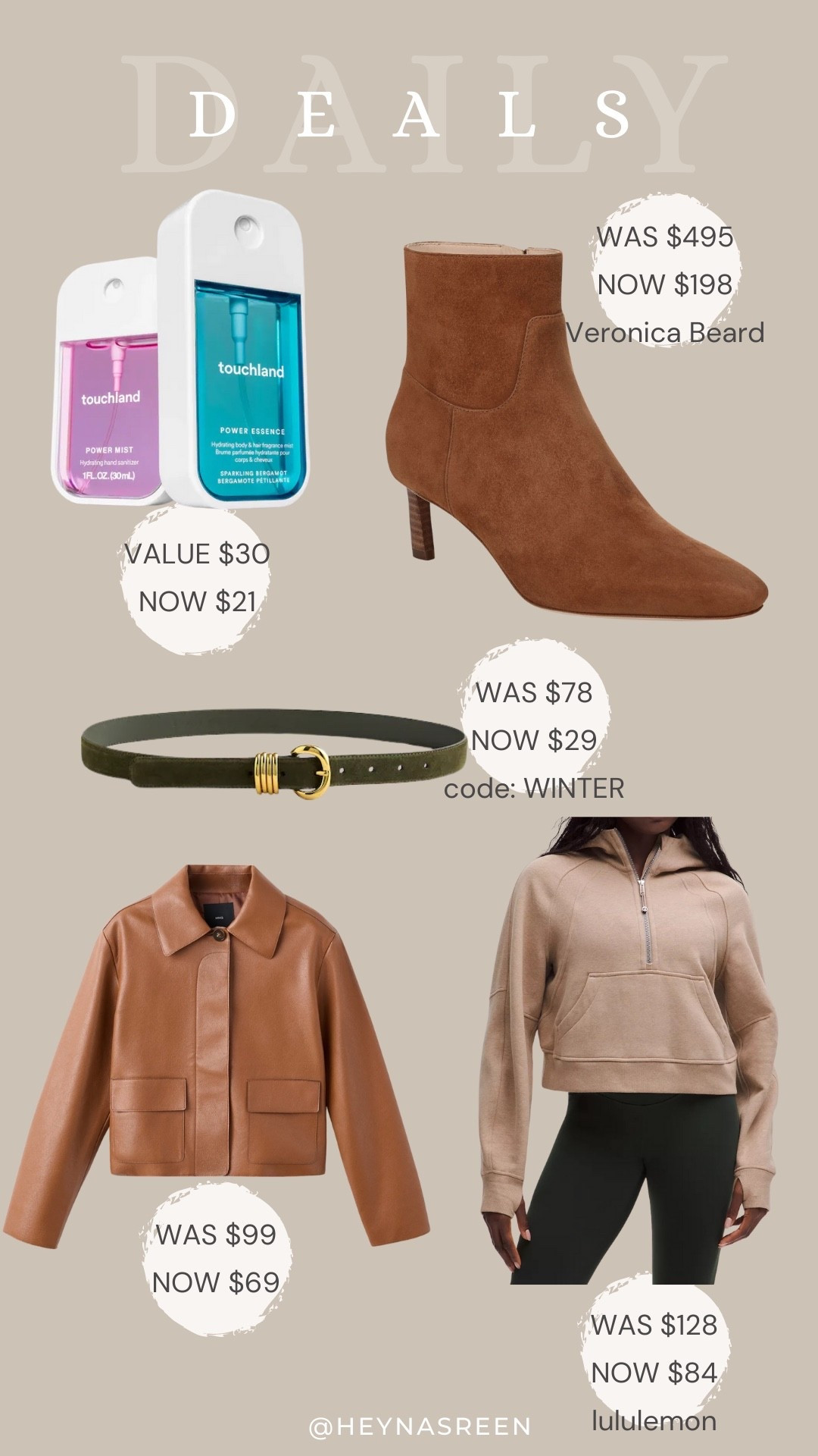 Daily deals on Touchland hand sanitizing duo, Veronica Beard booties, Madewell belt, lululemon scuba, Mango faux leather jacket 
