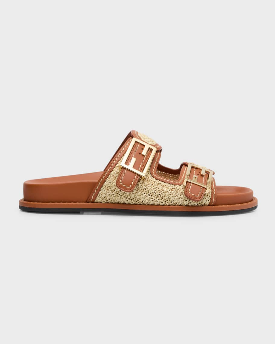 Raffia FF-Buckle Slide Sandals | Neiman Marcus