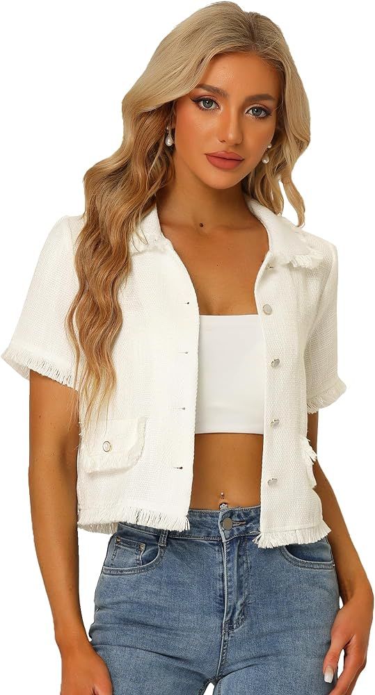 Allegra K Women's Tweed Shirt with Tassel Cropped Length Summer Short Sleeve Shirt | Amazon (US)