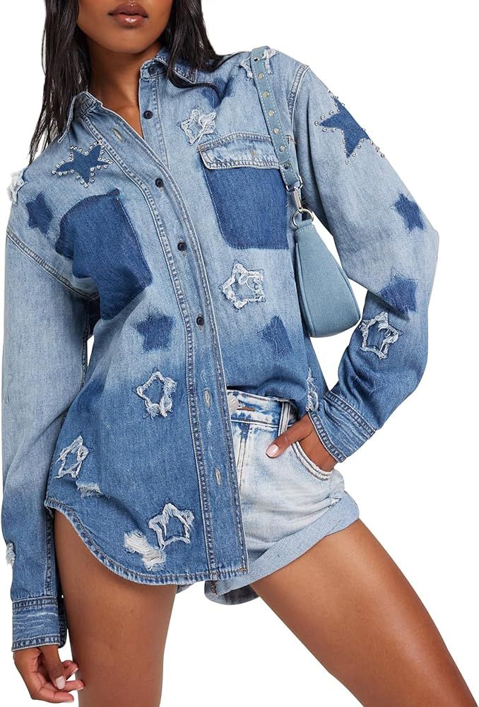 Women's Button Down Denim Shirt Long Sleeve V Neck Casual Tops Boyfriend Oversized Jean Jacket wi... | Amazon (US)