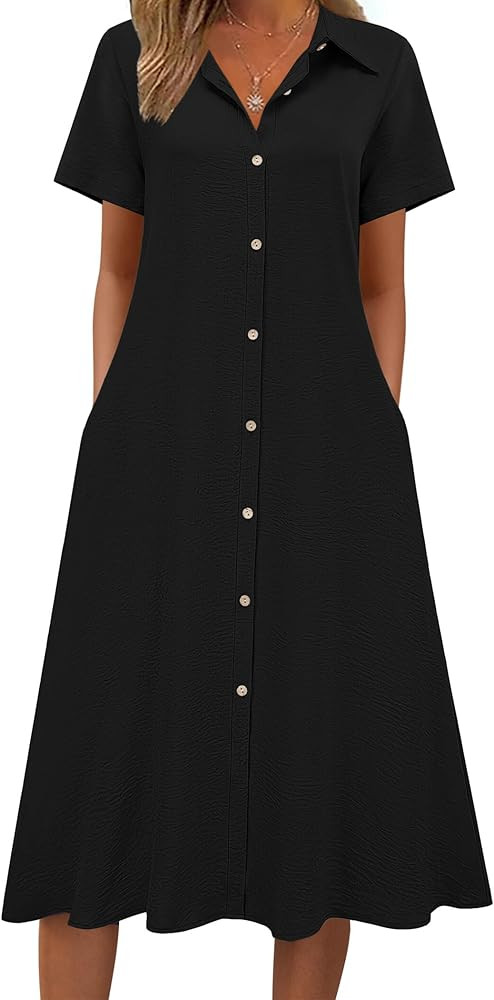 Zeagoo Summer Dresses for Women 2026 Button Down Shirt Dresses Aline Long Sundress Short Sleeve B... | Amazon (US)