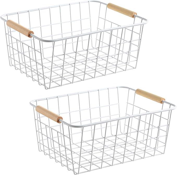 white wire baskets with Wooden Handles Storage Organizer Baskets, Household Refrigerator for Cabi... | Amazon (US)