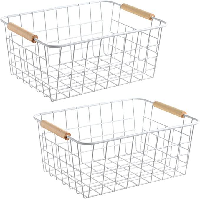 LeleCAT White Wire Baskets with Wooden Handles Storage Organizer Baskets, Household Refrigerator ... | Amazon (US)