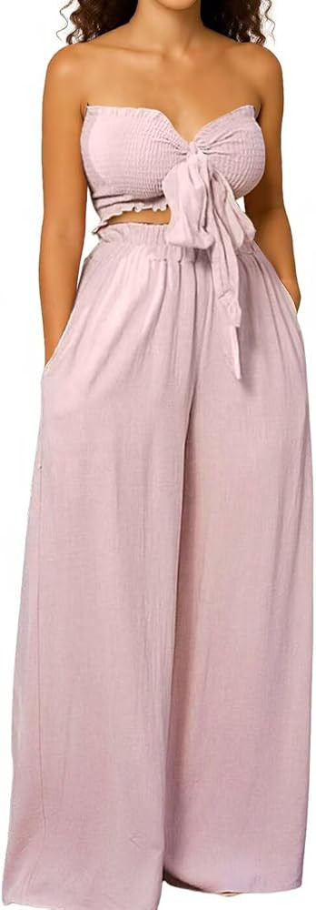 WXN Womens Two Piece Outfits Tie Front Bandeau Crop Top and Wide Leg Pants Set Vacation Summer Ou... | Amazon (US)
