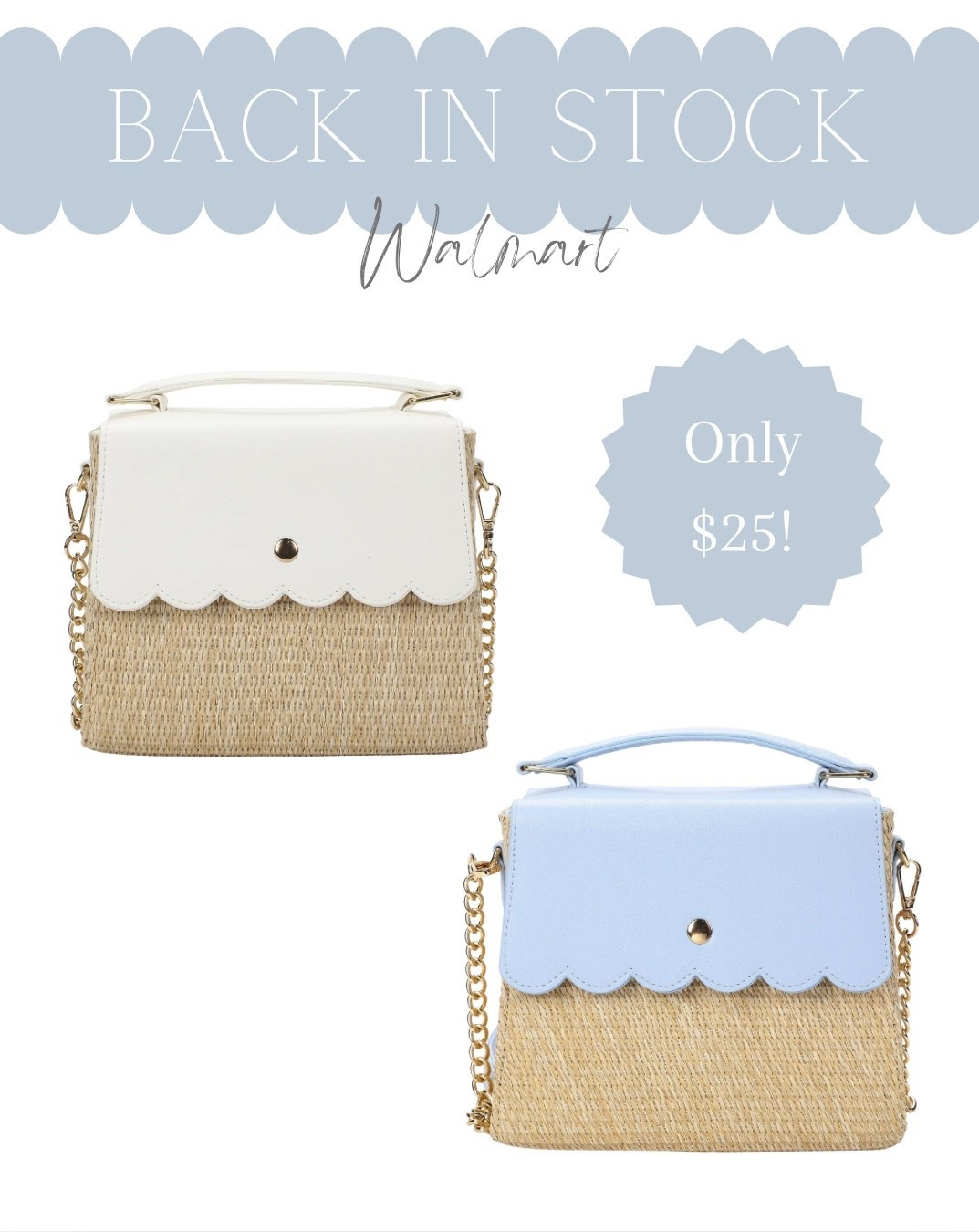 These adorable blue and white scalloped handbags are back in stock and only $25!!! I just ordered both colors. Stock is already low so if you want one grab it now before they sell out again! Also comes in yellow.

Spring handbag, scalloped handbag, vacation outfit, spring break outfit, Easter outfit, spring bag, coastal grandmother style, coastal handbag

#LTKUnder50 #LTKStyle #LTKAccessory

#LTKSeasonal #LTKSpringSale