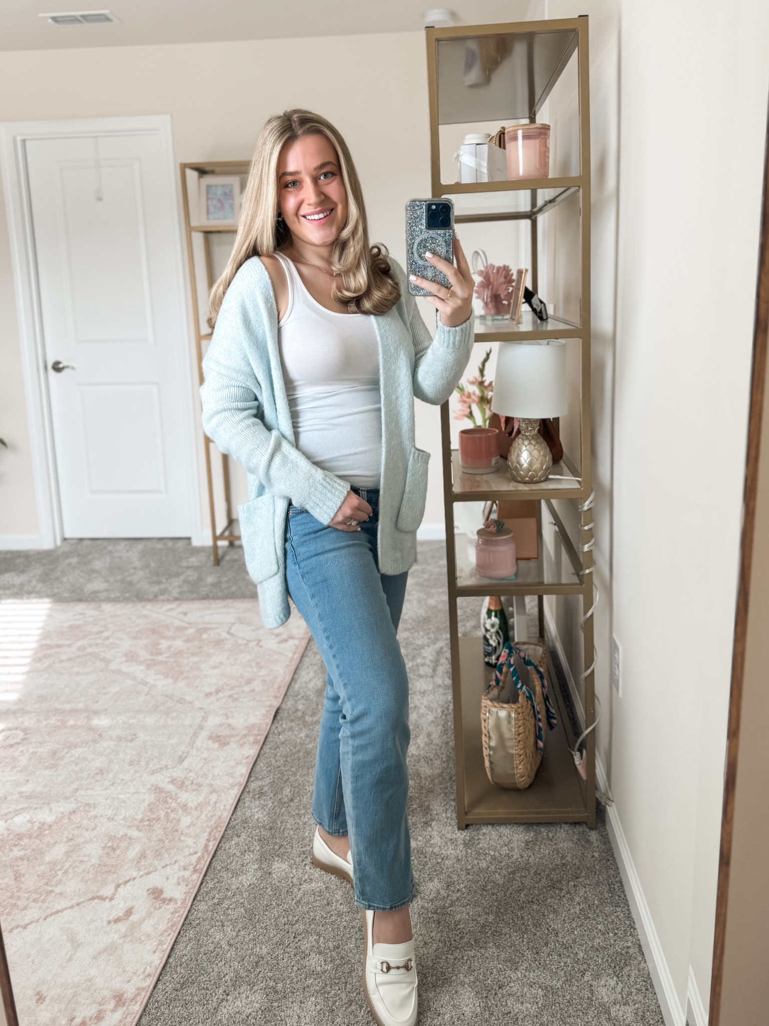 Light blue cardigan. Maternity jeans. Maternity fall outfit. Maternity winter outfit. White loafers  

#LTKShoeCrush #LTKFindsUnder100 #LTKBump