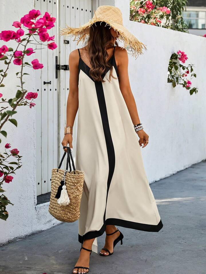 SHEIN VCAY Women'S Color Block Spaghetti Strap A-Line Dress | SHEIN