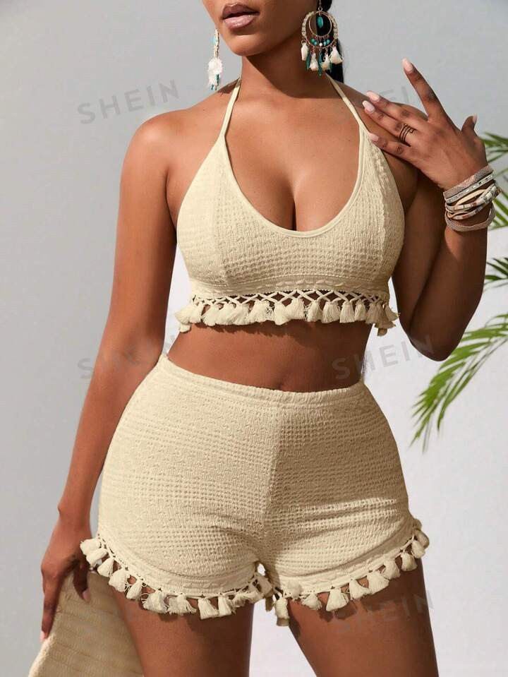 SHEIN Slayr Tassel Trim Tie Backless Halter Top & Shorts4.87(100+) | SHEIN