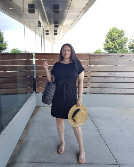 Short Sleeve Casual Pencil Dress with Belt (TTS - this is a large), Packable Hat (quote is DIY with fabric paint), Easy summer flip-flops, Hand-woven Straw Top-handle Bag. Summer LBD, little black dress. 

#LTKFindsUnder50 #LTKSeasonal #LTKMidsize