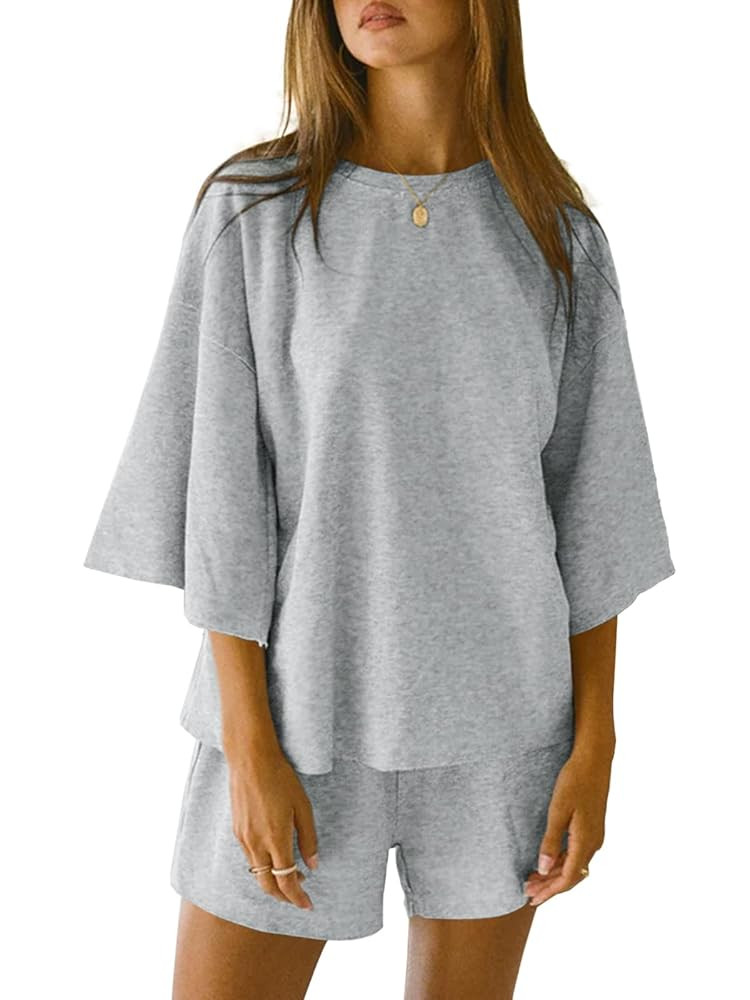 Tankaneo Womens Pajama Sets 3/4 Sleeve Oversized Tops and Elastic Waist Shorts Lounge Sets Lounge... | Amazon (US)