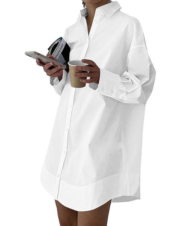 LYANER Women's Casual Shirt Dress Collar V Neck Button Down Loose Long Sleeve Mini Dresses | Amazon (US)