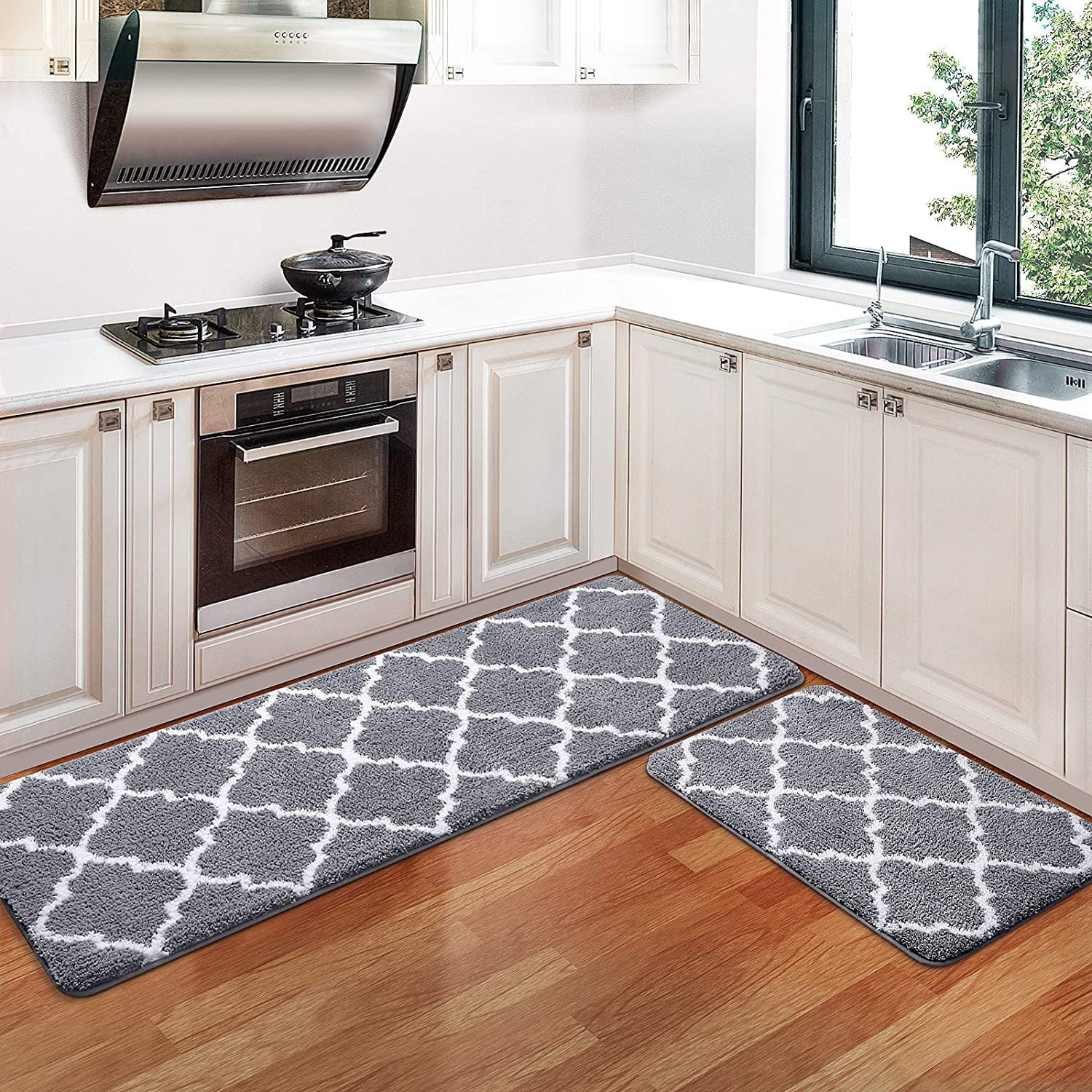 Microfiber Kitchen Rugs and Mats Moroccan Trellis Kitchen Mats Grey Kitchen Rugs Set of 2 Non-Sli... | Walmart (US)